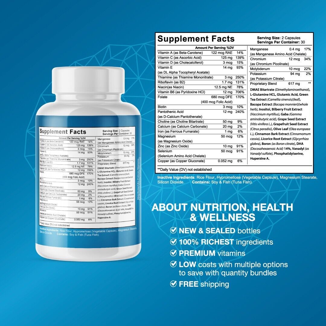 The Genius Wave Pro- Brain Support- 12 Bottles- 720 Capsules