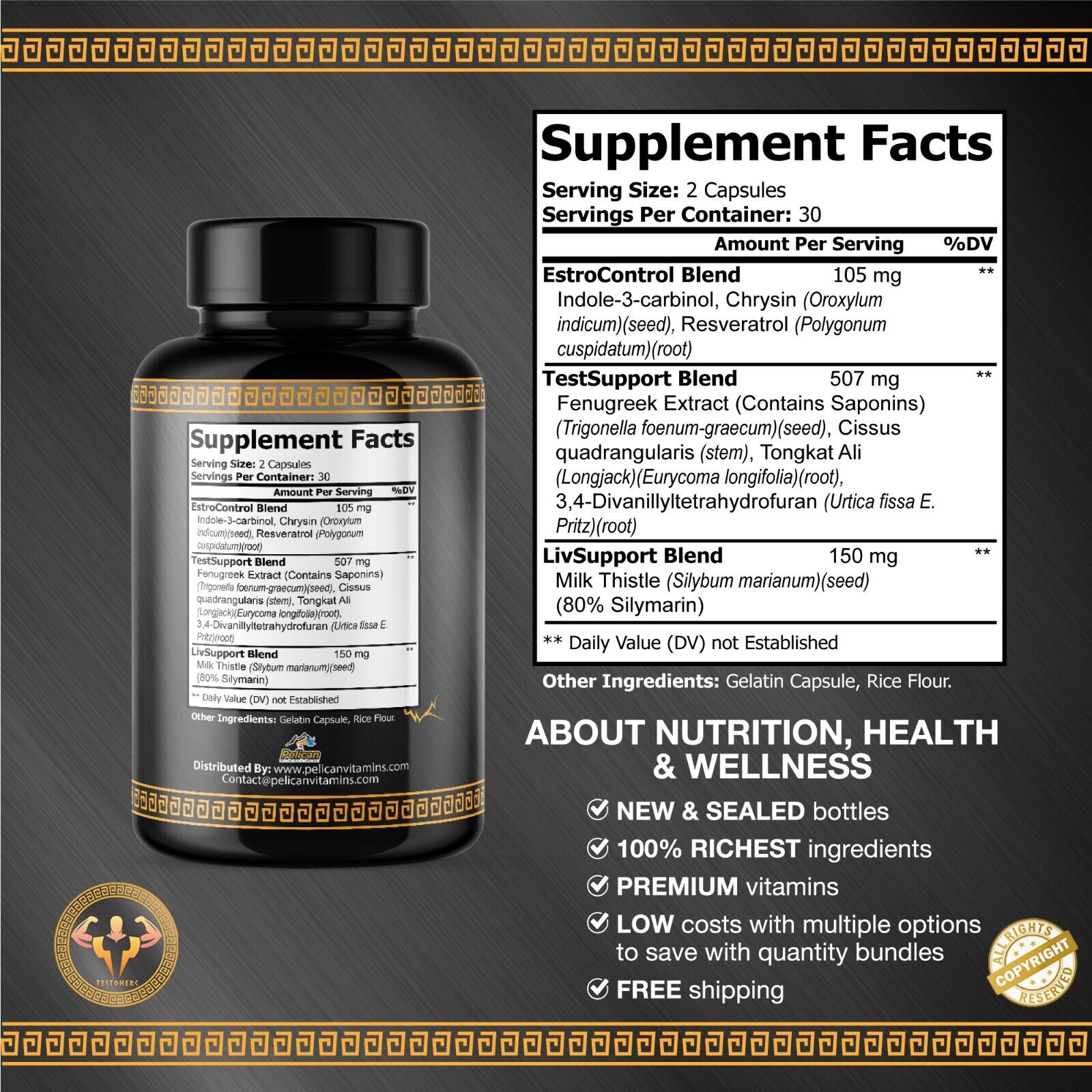 TestoHerc- Testosterone Booster/Cardiovascular Supplement-4 Bottles-240 Capsules