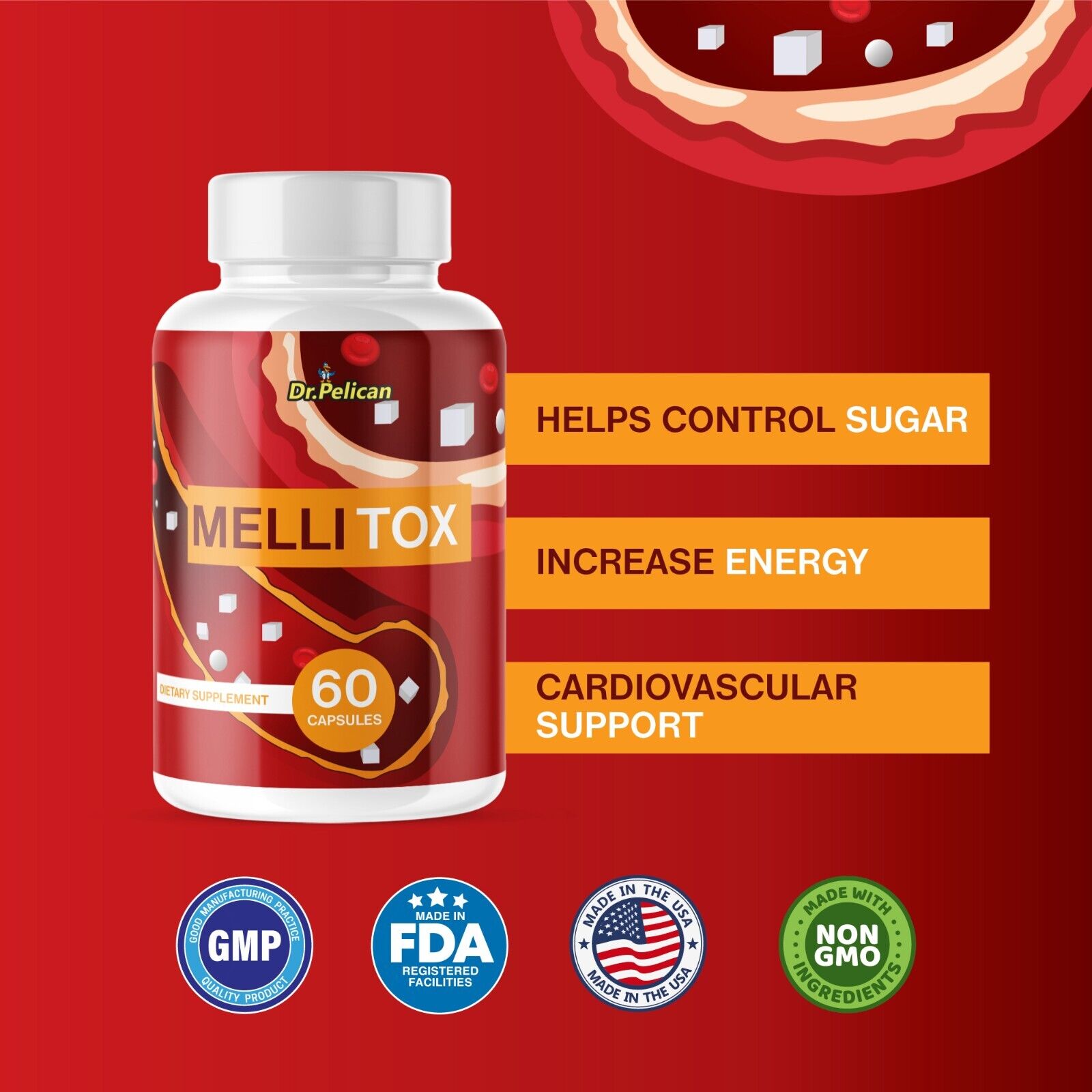 Mellitox- Blood Sugar/Energy/Cardiovascular Support- 3 Bottles- 180 Capsules