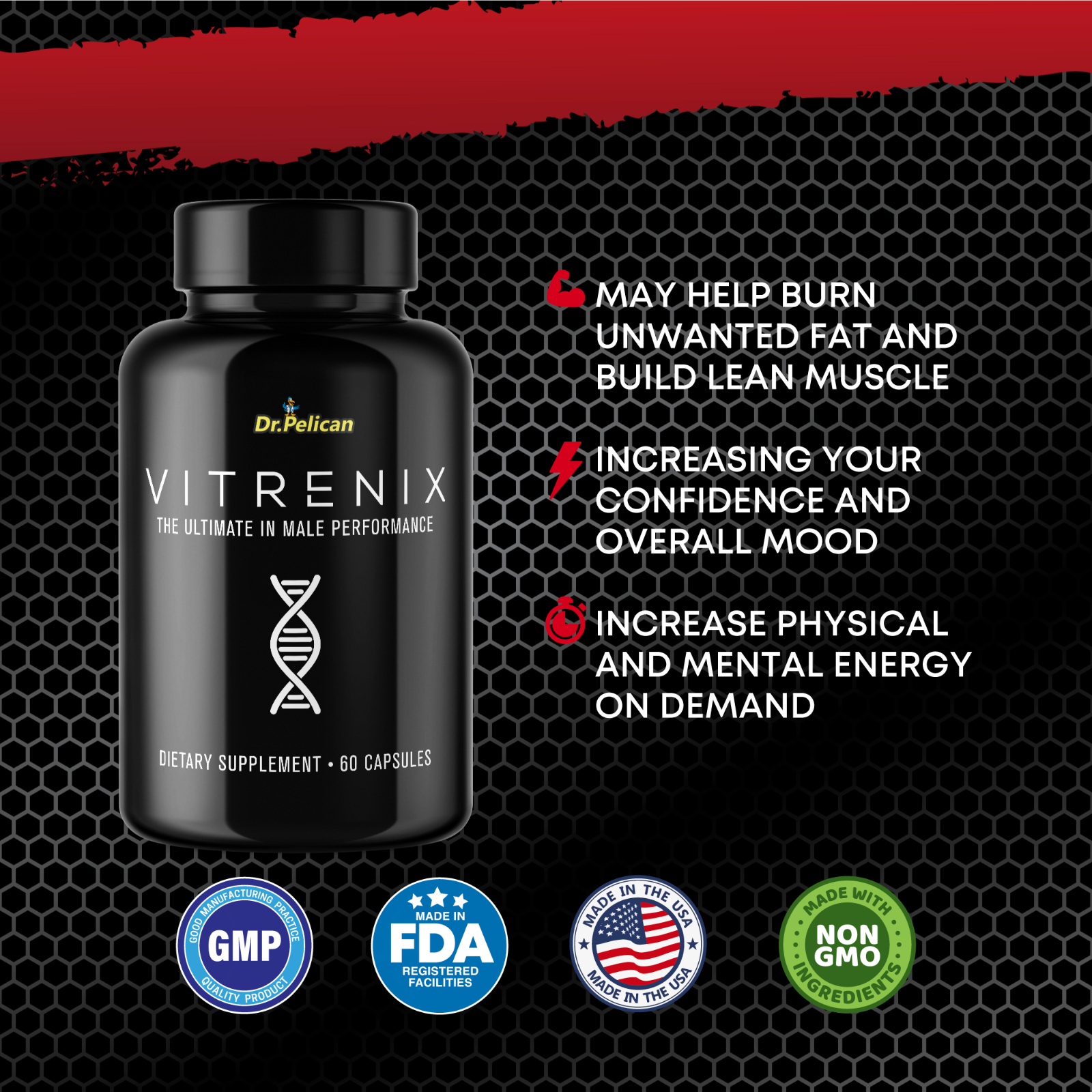 Vitrenix- Male Performance/Mood/Energy/Stamina- 3 Bottles- 180 Capsules