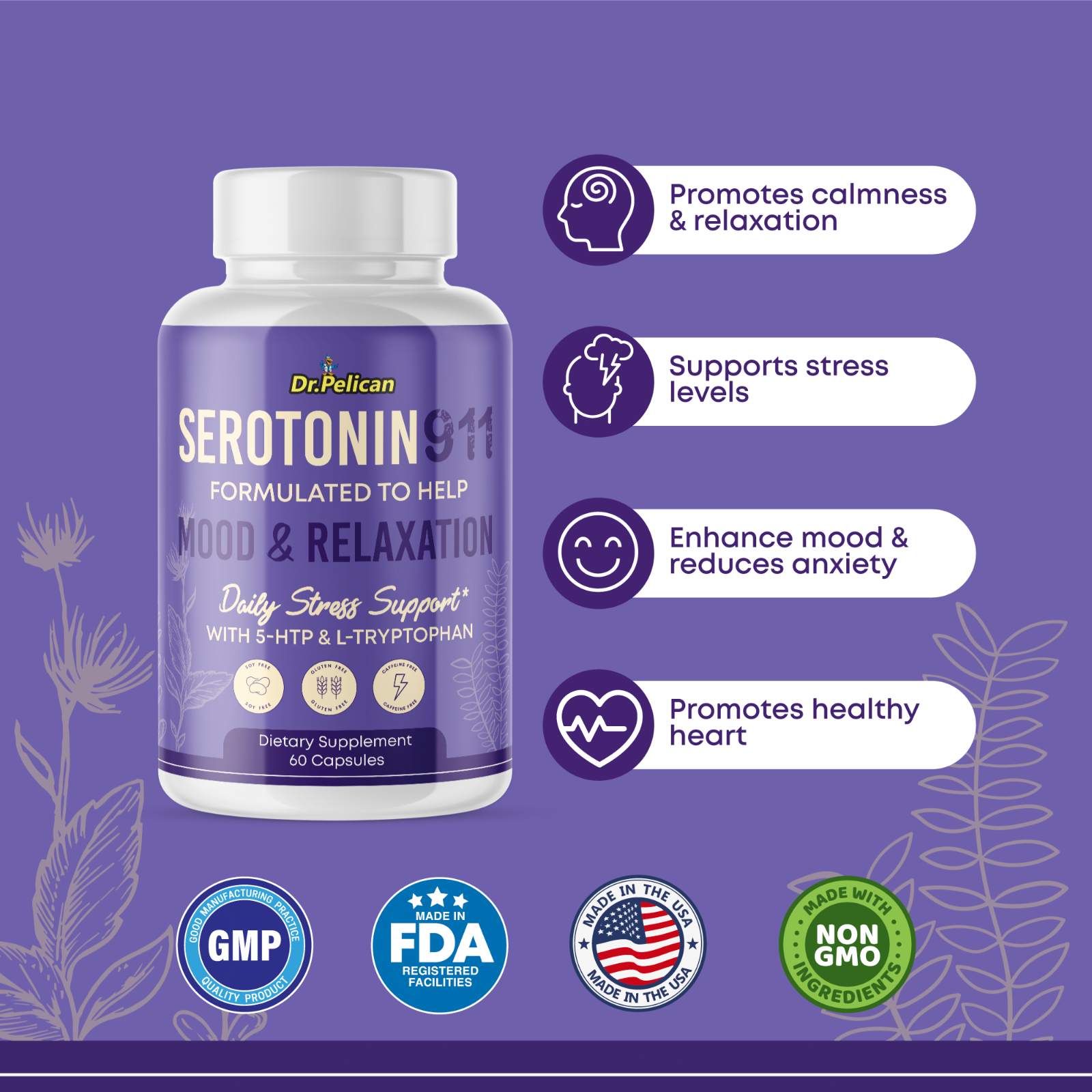 Serotonin911-5-HTP & L-Tryptophan-Stress/Mood/Relaxation- 2 Bottles-120 Capsules